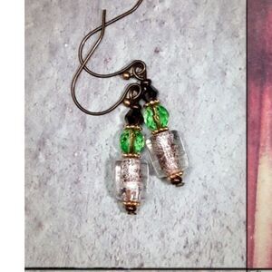 artisan earrings 464#mfs NEW boho foil center glass barrel beads goth green crys
